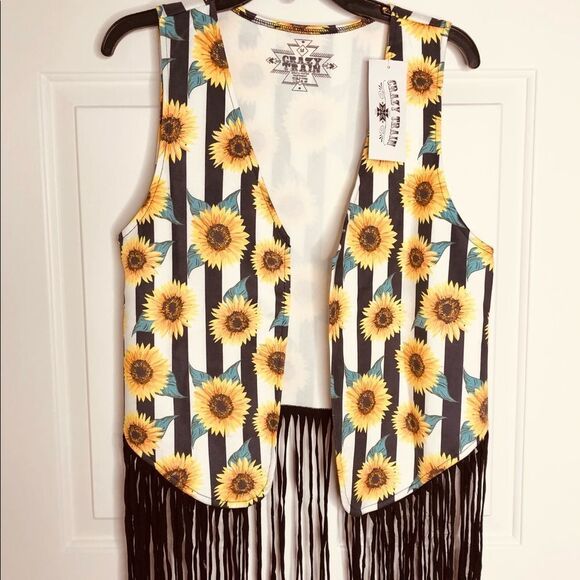 CRAZY TRAIN Sunflower Boho Fringe Vest Halloween M - Picture 11 of 12